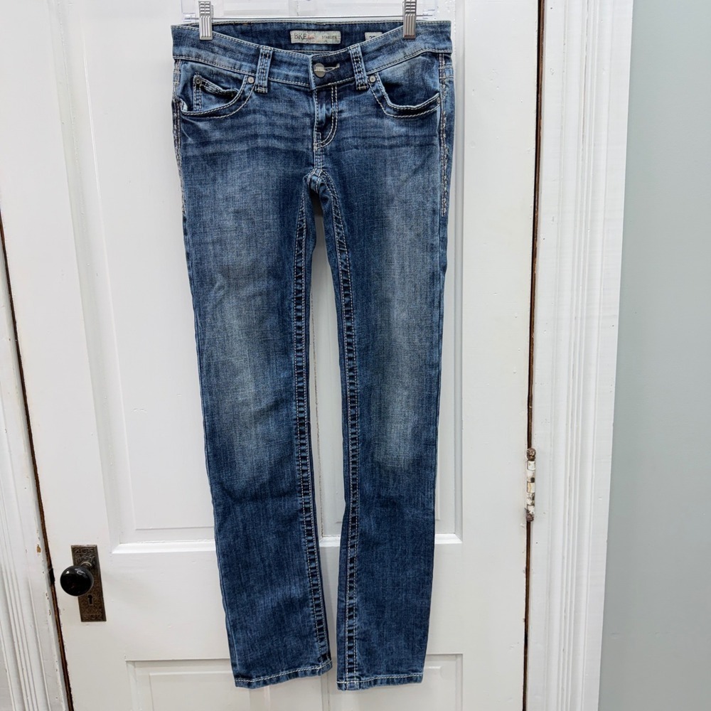 BKE Starlite Thick Stitch Straight Leg Denim Jeans Women's 27L 27 Long Tall Blue - Picture 2 of 8